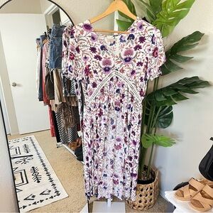 ✨ Wonderly Floral High-Low Tunic Top L | Boho Crochet Trim Lightweight Blouse